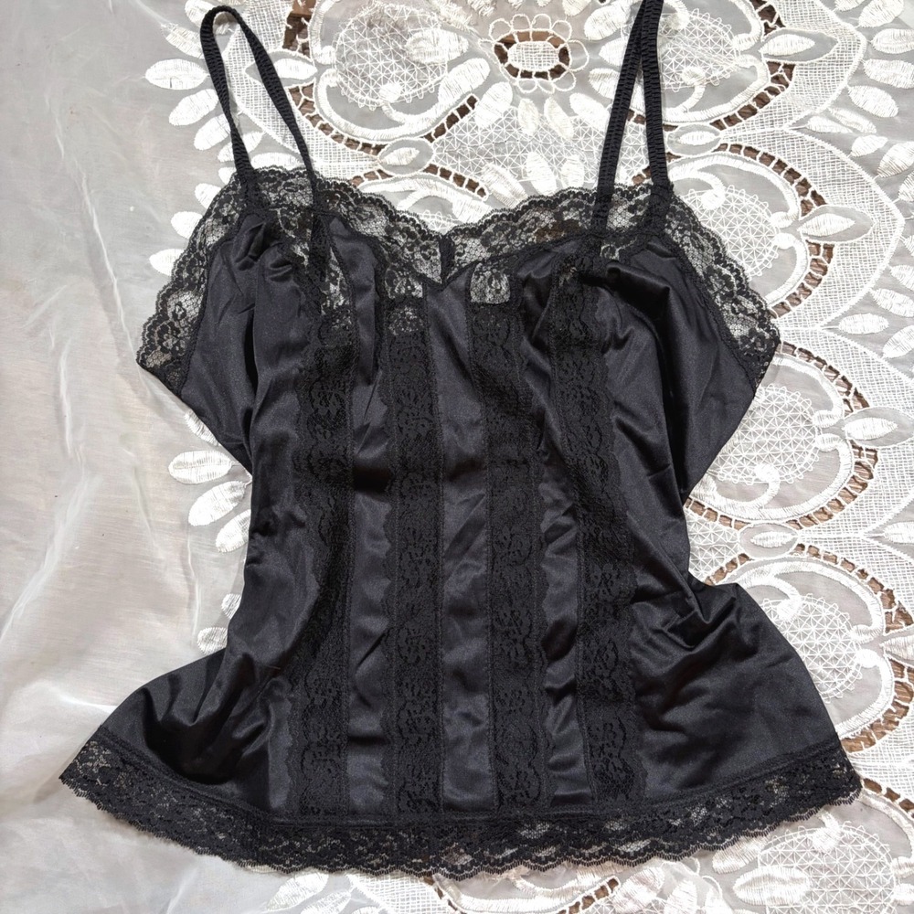 Gothic Victorian Vintage Black Lace Trim Camisole Top Nylon Lingerie Small